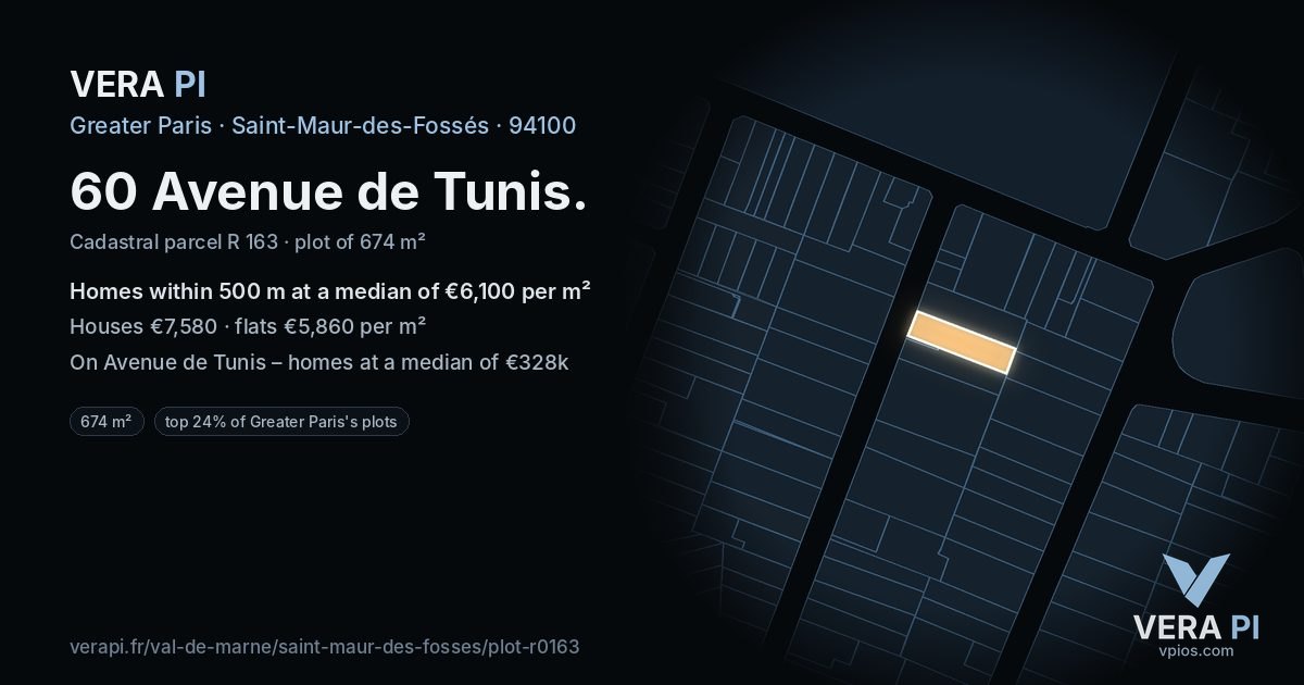 60 Avenue de Tunis, Saint-Maur-des-Fossés at night – the plot lit, the parcels around coloured by the prices near them
