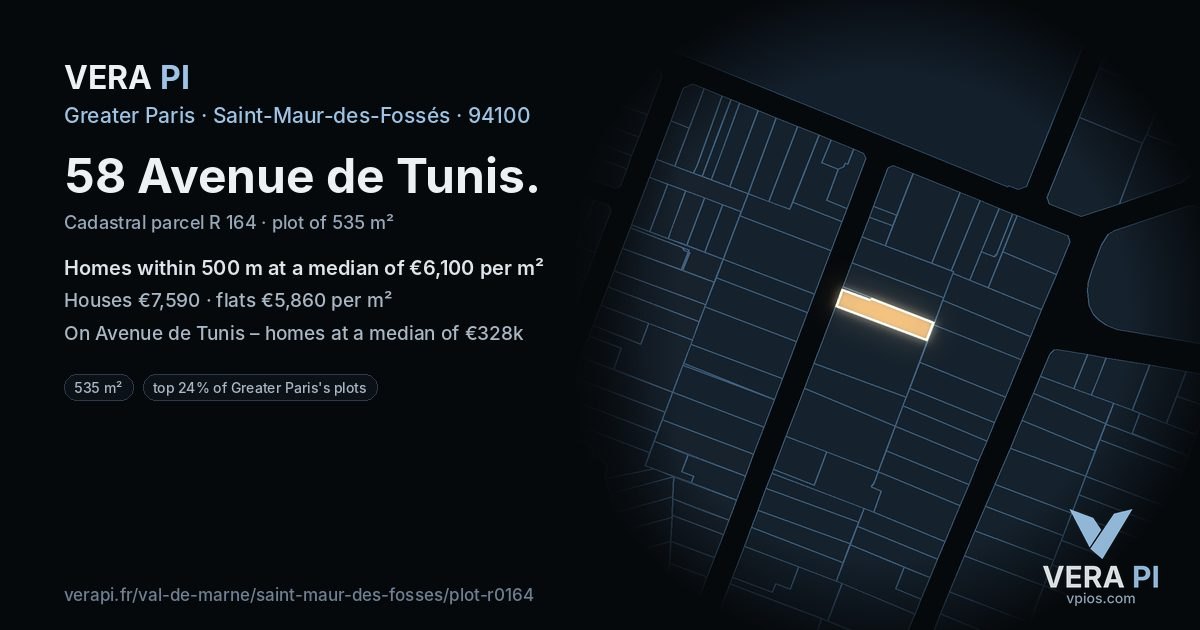 58 Avenue de Tunis, Saint-Maur-des-Fossés at night – the plot lit, the parcels around coloured by the prices near them