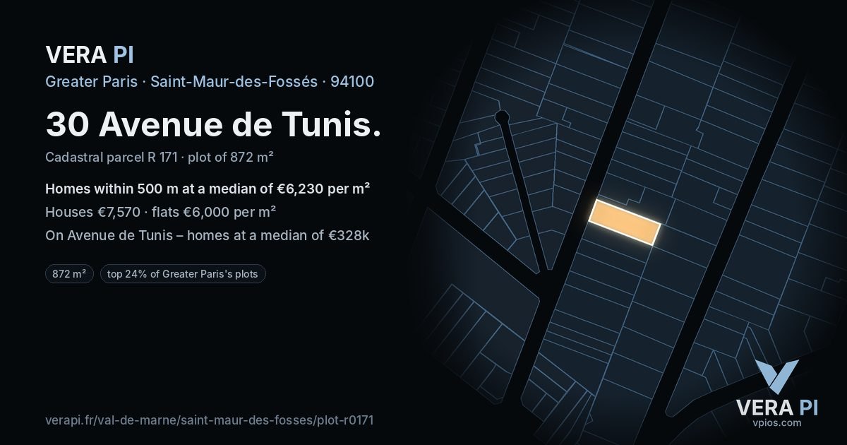 30 Avenue de Tunis, Saint-Maur-des-Fossés at night – the plot lit, the parcels around coloured by the prices near them