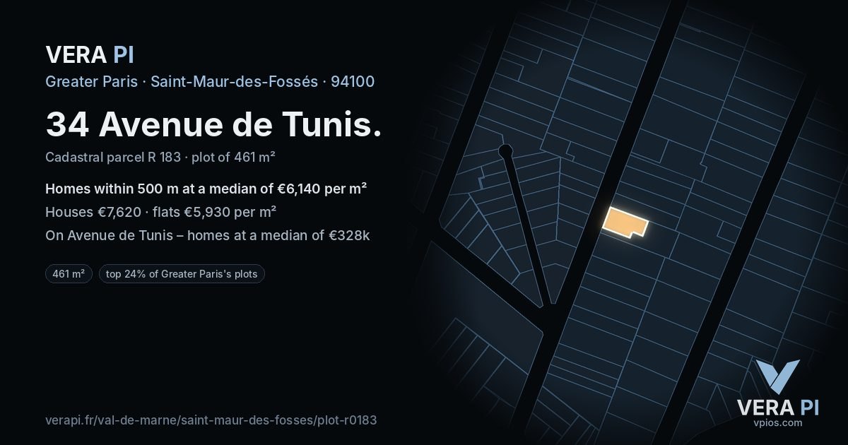 34 Avenue de Tunis, Saint-Maur-des-Fossés at night – the plot lit, the parcels around coloured by the prices near them