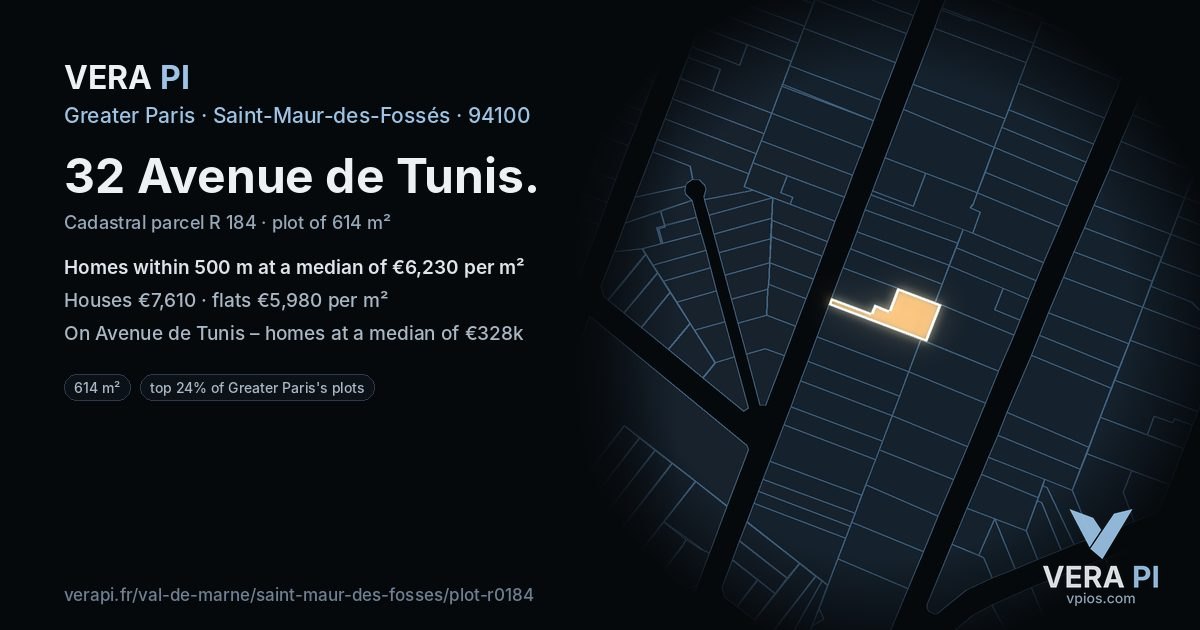 32 Avenue de Tunis, Saint-Maur-des-Fossés at night – the plot lit, the parcels around coloured by the prices near them