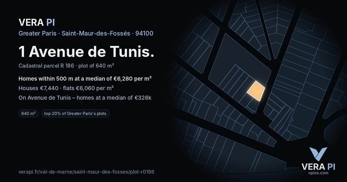 1 Avenue de Tunis, Saint-Maur-des-Fossés at night – the plot lit, the parcels around coloured by the prices near them