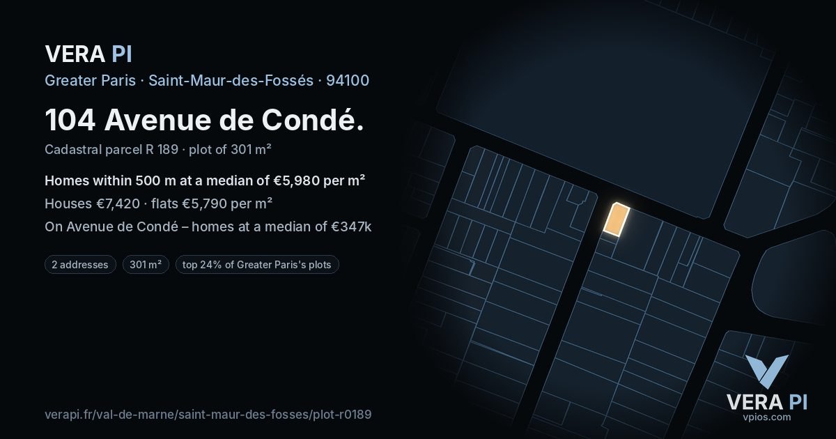 104 Avenue de Condé, Saint-Maur-des-Fossés at night – the plot lit, the parcels around coloured by the prices near them
