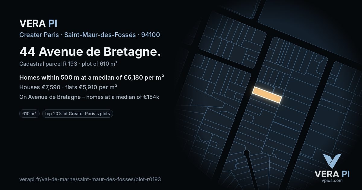 44 Avenue de Bretagne, Saint-Maur-des-Fossés at night – the plot lit, the parcels around coloured by the prices near them
