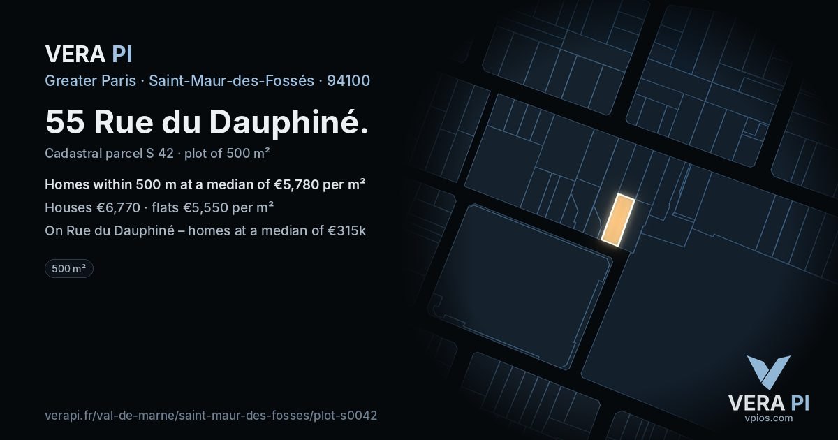 55 Rue du Dauphiné, Saint-Maur-des-Fossés at night – the plot lit, the parcels around coloured by the prices near them