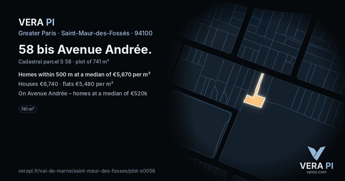 58 bis Avenue Andrée, Saint-Maur-des-Fossés at night – the plot lit, the parcels around coloured by the prices near them