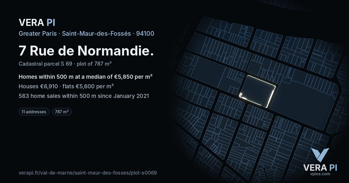 7 Rue de Normandie, Saint-Maur-des-Fossés at night – the plot lit, the parcels around coloured by the prices near them