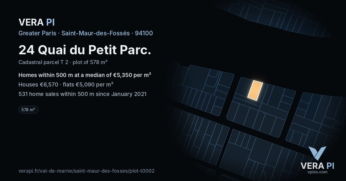 24 Quai du Petit Parc, Saint-Maur-des-Fossés at night – the plot lit, the parcels around coloured by the prices near them