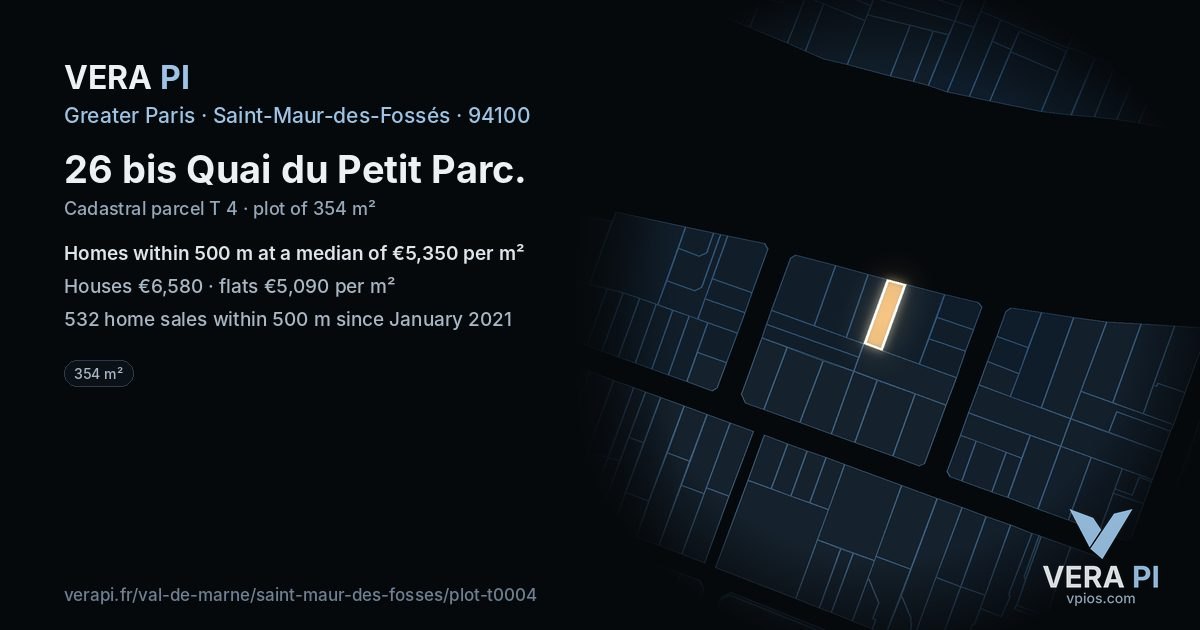 26 bis Quai du Petit Parc, Saint-Maur-des-Fossés at night – the plot lit, the parcels around coloured by the prices near them