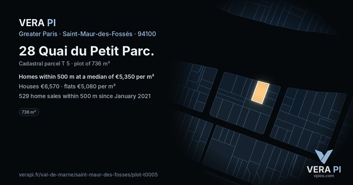 28 Quai du Petit Parc, Saint-Maur-des-Fossés at night – the plot lit, the parcels around coloured by the prices near them