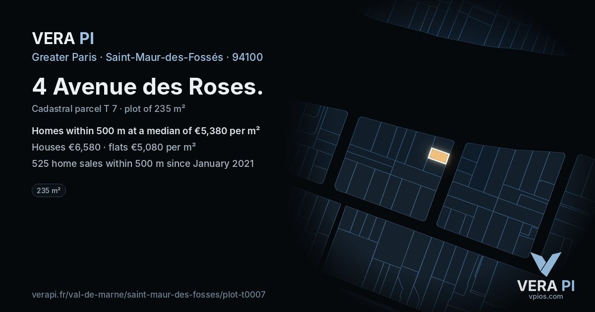 4 Avenue des Roses, Saint-Maur-des-Fossés at night – the plot lit, the parcels around coloured by the prices near them