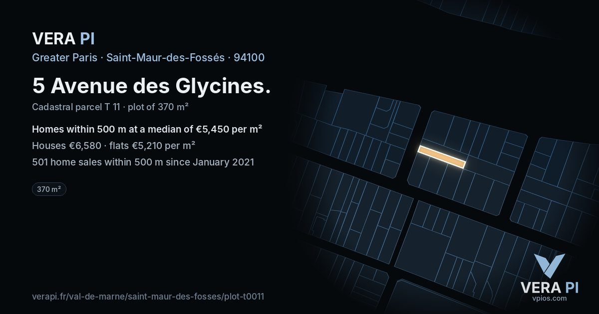 5 Avenue des Glycines, Saint-Maur-des-Fossés at night – the plot lit, the parcels around coloured by the prices near them