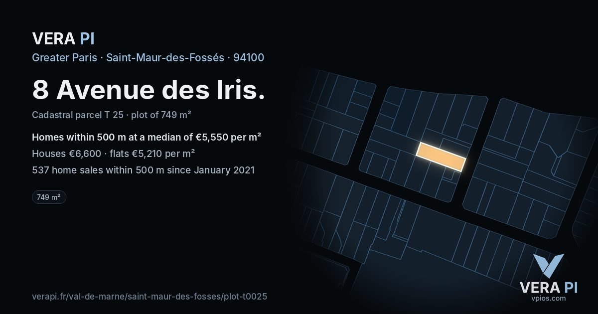 8 Avenue des Iris, Saint-Maur-des-Fossés at night – the plot lit, the parcels around coloured by the prices near them