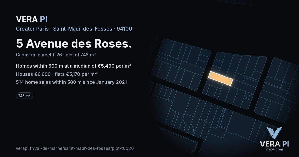 5 Avenue des Roses, Saint-Maur-des-Fossés at night – the plot lit, the parcels around coloured by the prices near them