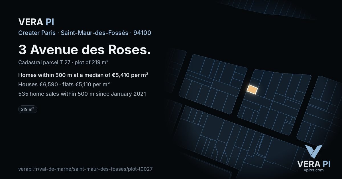 3 Avenue des Roses, Saint-Maur-des-Fossés at night – the plot lit, the parcels around coloured by the prices near them