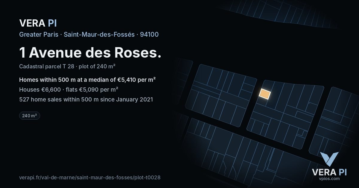 1 Avenue des Roses, Saint-Maur-des-Fossés at night – the plot lit, the parcels around coloured by the prices near them