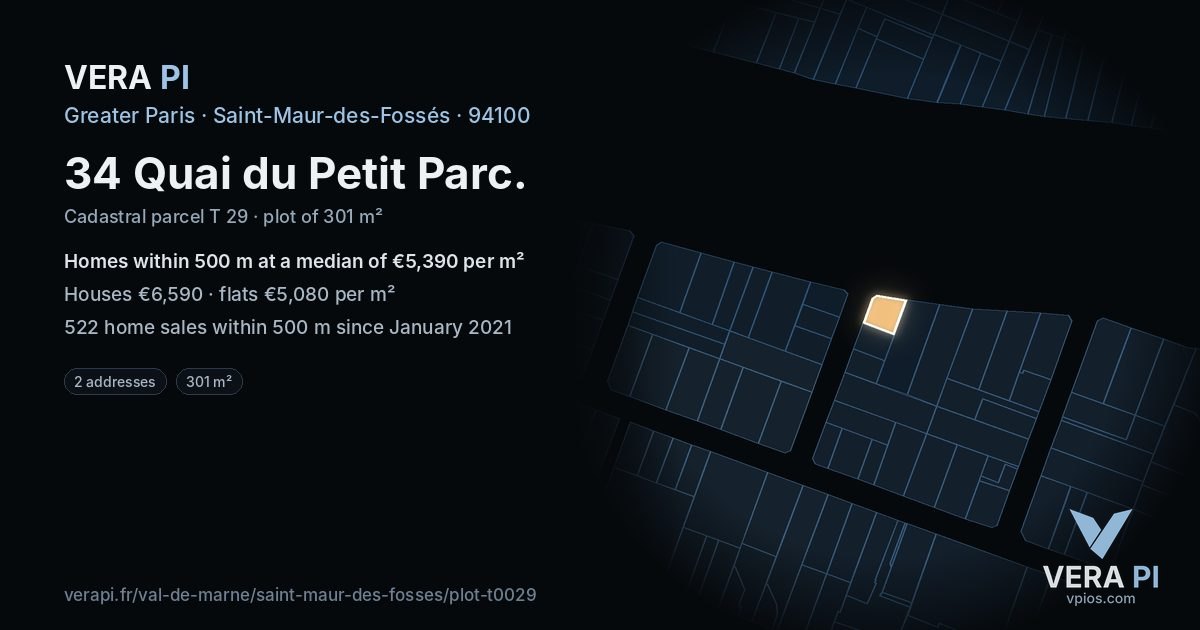 34 Quai du Petit Parc, Saint-Maur-des-Fossés at night – the plot lit, the parcels around coloured by the prices near them