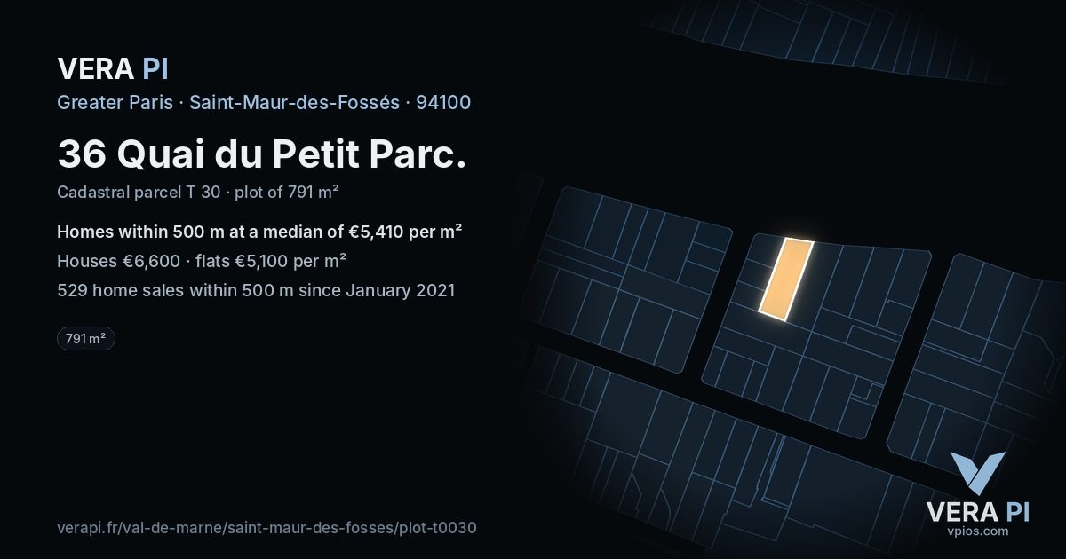 36 Quai du Petit Parc, Saint-Maur-des-Fossés at night – the plot lit, the parcels around coloured by the prices near them