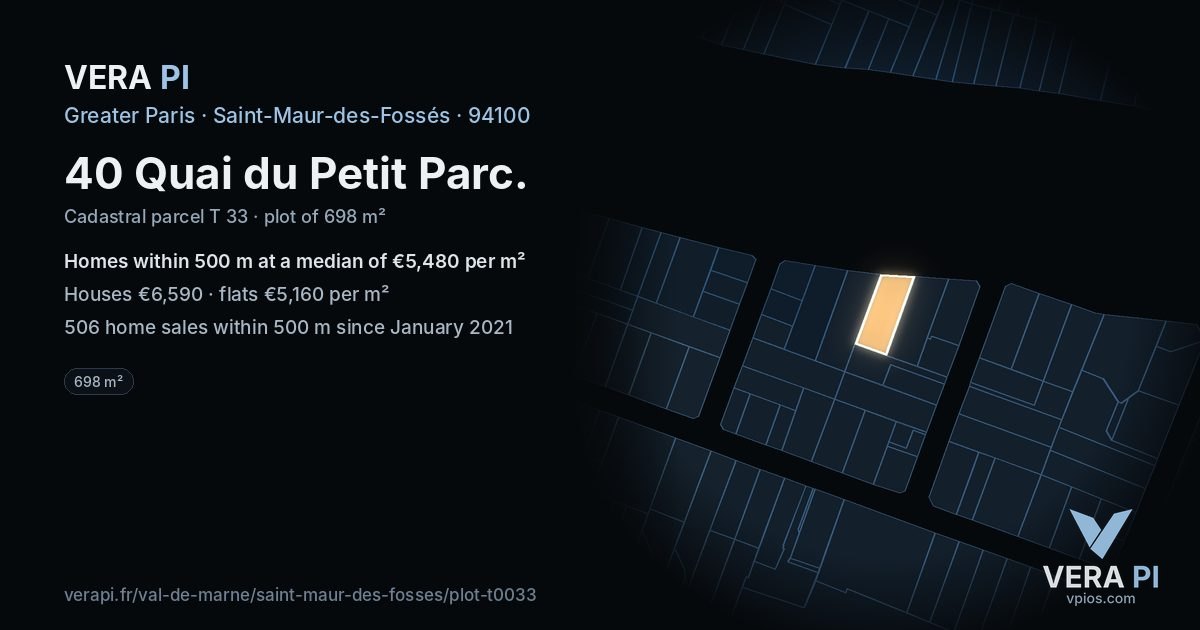40 Quai du Petit Parc, Saint-Maur-des-Fossés at night – the plot lit, the parcels around coloured by the prices near them