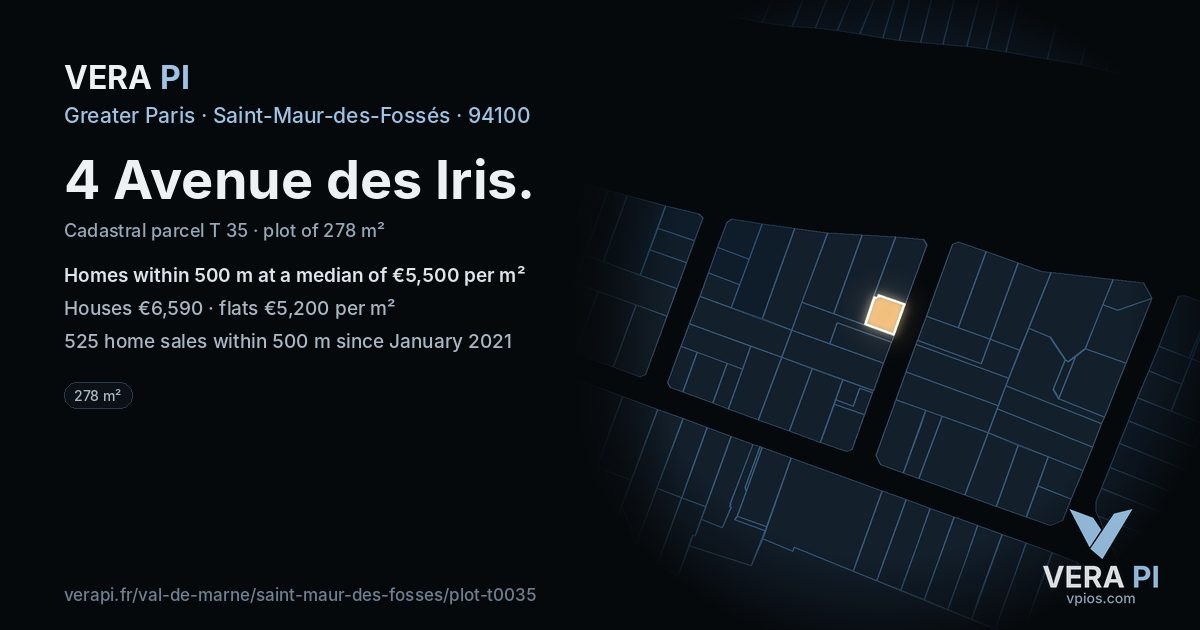 4 Avenue des Iris, Saint-Maur-des-Fossés at night – the plot lit, the parcels around coloured by the prices near them