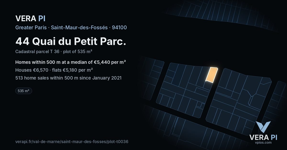 44 Quai du Petit Parc, Saint-Maur-des-Fossés at night – the plot lit, the parcels around coloured by the prices near them