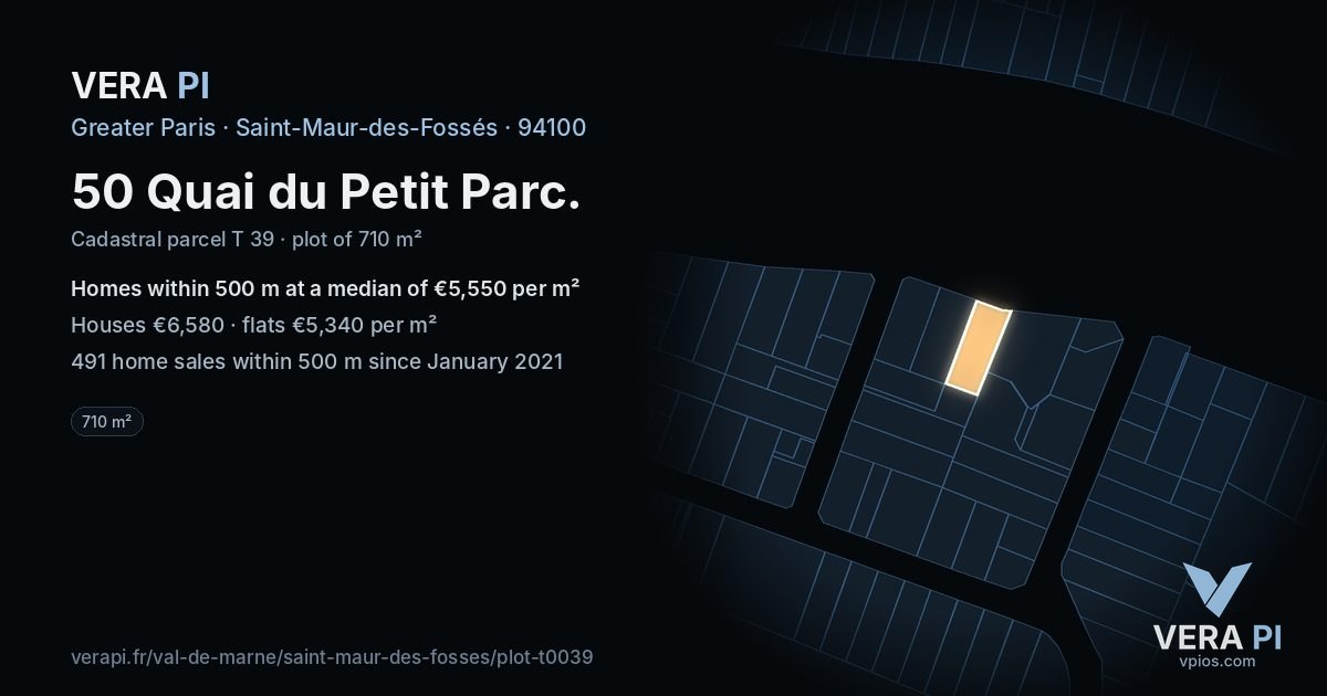 50 Quai du Petit Parc, Saint-Maur-des-Fossés at night – the plot lit, the parcels around coloured by the prices near them