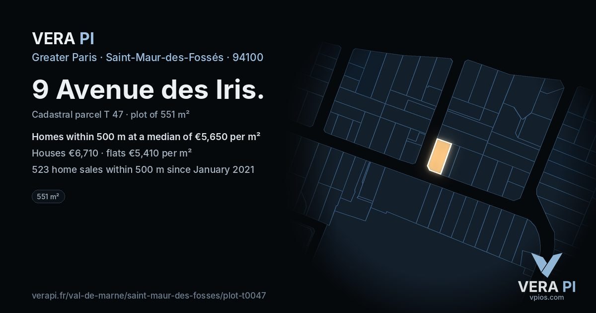 9 Avenue des Iris, Saint-Maur-des-Fossés at night – the plot lit, the parcels around coloured by the prices near them
