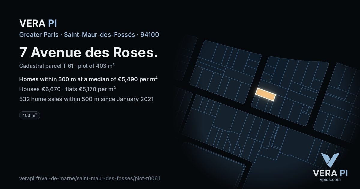 7 Avenue des Roses, Saint-Maur-des-Fossés at night – the plot lit, the parcels around coloured by the prices near them