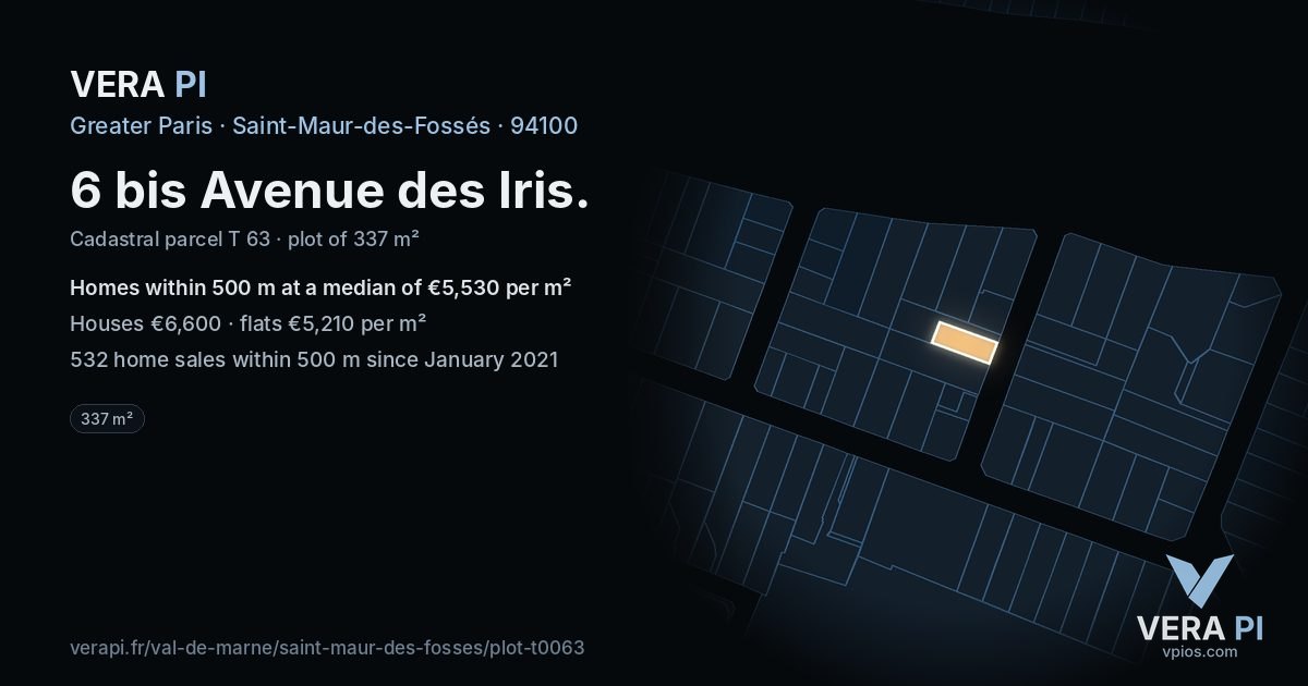 6 bis Avenue des Iris, Saint-Maur-des-Fossés at night – the plot lit, the parcels around coloured by the prices near them
