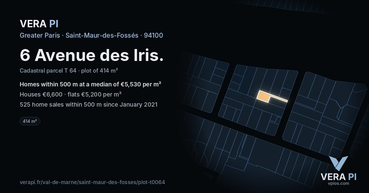 6 Avenue des Iris, Saint-Maur-des-Fossés at night – the plot lit, the parcels around coloured by the prices near them