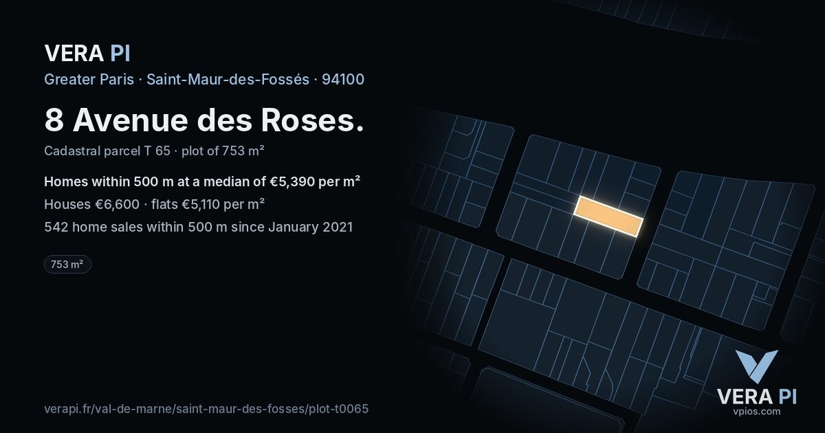 8 Avenue des Roses, Saint-Maur-des-Fossés at night – the plot lit, the parcels around coloured by the prices near them