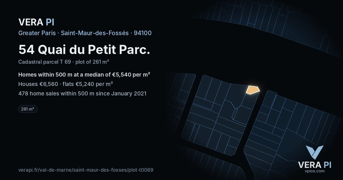 54 Quai du Petit Parc, Saint-Maur-des-Fossés at night – the plot lit, the parcels around coloured by the prices near them