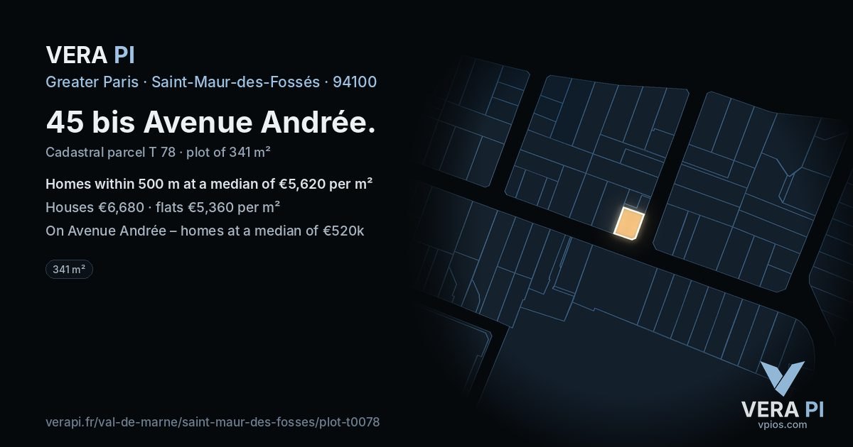 45 bis Avenue Andrée, Saint-Maur-des-Fossés at night – the plot lit, the parcels around coloured by the prices near them