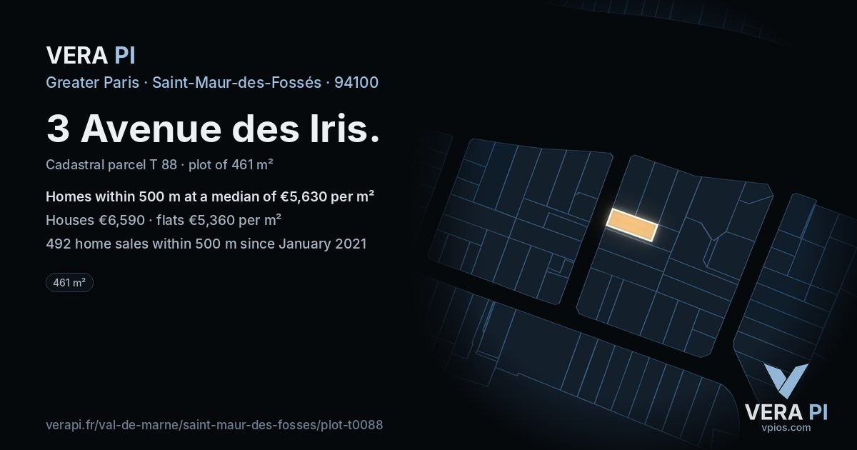 3 Avenue des Iris, Saint-Maur-des-Fossés at night – the plot lit, the parcels around coloured by the prices near them