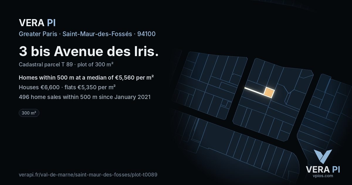 3 bis Avenue des Iris, Saint-Maur-des-Fossés at night – the plot lit, the parcels around coloured by the prices near them