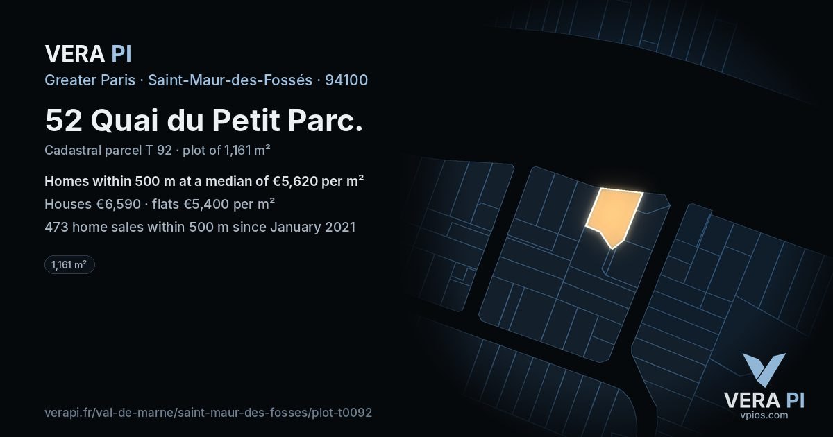 52 Quai du Petit Parc, Saint-Maur-des-Fossés at night – the plot lit, the parcels around coloured by the prices near them