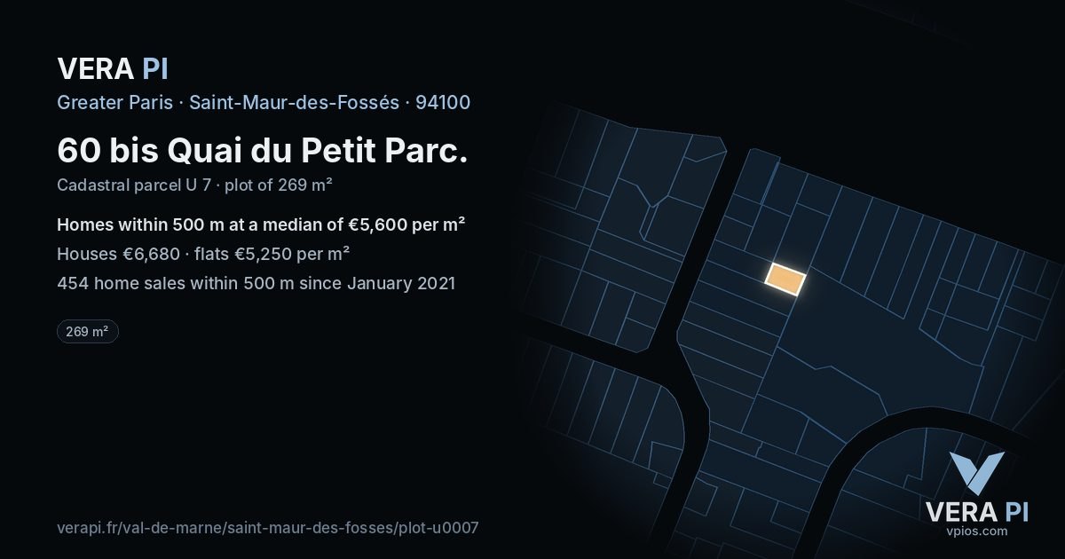 60 bis Quai du Petit Parc, Saint-Maur-des-Fossés at night – the plot lit, the parcels around coloured by the prices near them