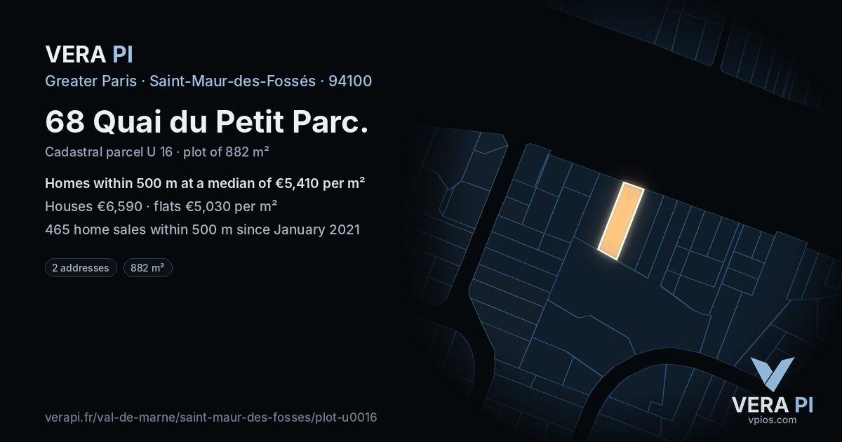 68 Quai du Petit Parc, Saint-Maur-des-Fossés at night – the plot lit, the parcels around coloured by the prices near them