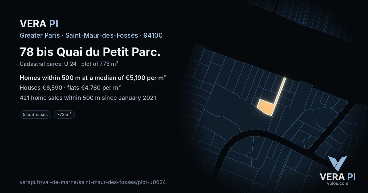 78 bis Quai du Petit Parc, Saint-Maur-des-Fossés at night – the plot lit, the parcels around coloured by the prices near them