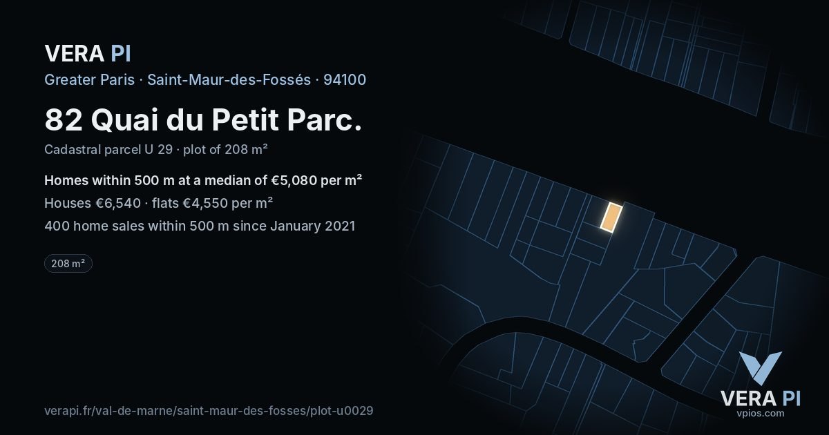 82 Quai du Petit Parc, Saint-Maur-des-Fossés at night – the plot lit, the parcels around coloured by the prices near them