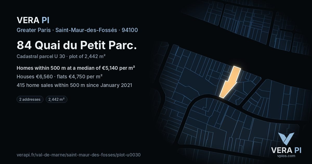 84 Quai du Petit Parc, Saint-Maur-des-Fossés at night – the plot lit, the parcels around coloured by the prices near them