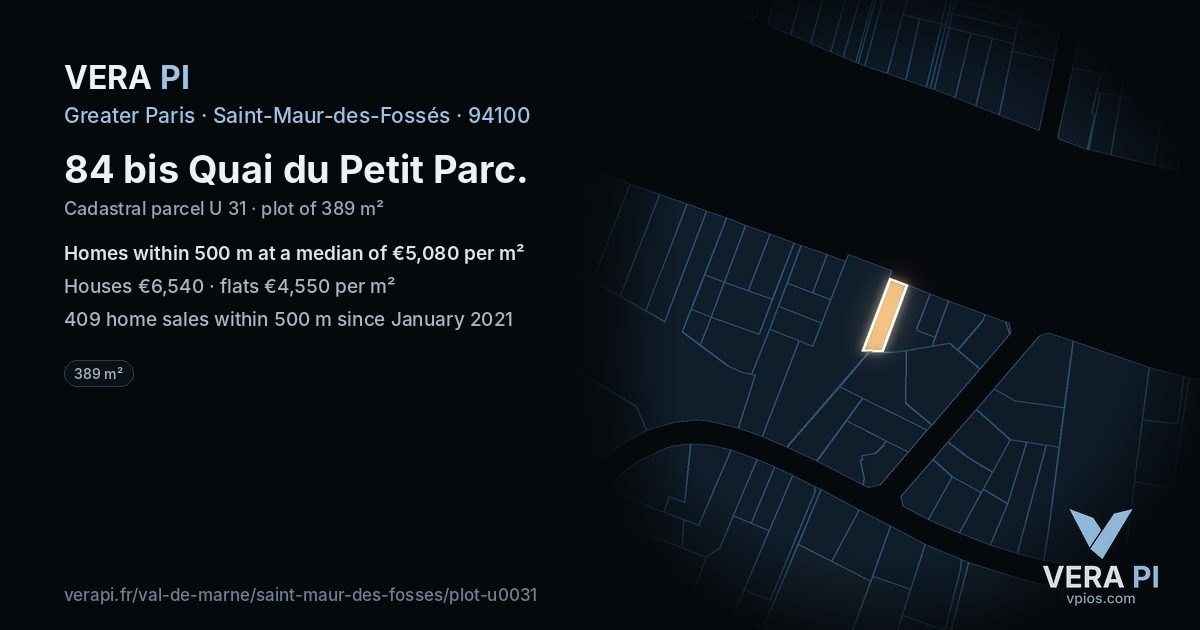 84 bis Quai du Petit Parc, Saint-Maur-des-Fossés at night – the plot lit, the parcels around coloured by the prices near them