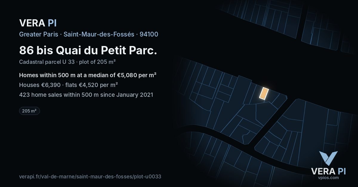 86 bis Quai du Petit Parc, Saint-Maur-des-Fossés at night – the plot lit, the parcels around coloured by the prices near them