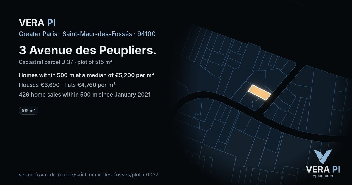 3 Avenue des Peupliers, Saint-Maur-des-Fossés at night – the plot lit, the parcels around coloured by the prices near them