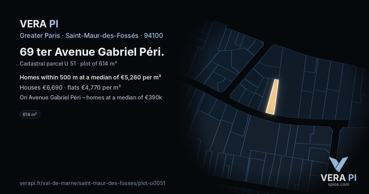 69 ter Avenue Gabriel Péri, Saint-Maur-des-Fossés at night – the plot lit, the parcels around coloured by the prices near them