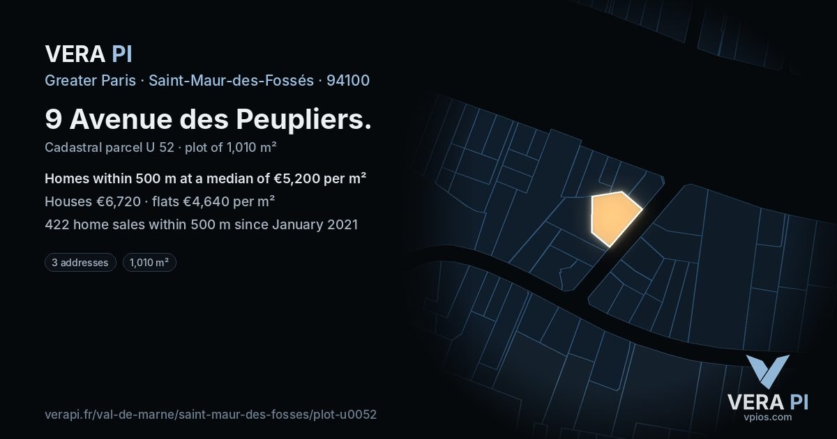 9 Avenue des Peupliers, Saint-Maur-des-Fossés at night – the plot lit, the parcels around coloured by the prices near them
