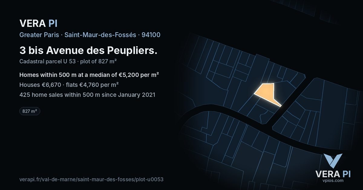 3 bis Avenue des Peupliers, Saint-Maur-des-Fossés at night – the plot lit, the parcels around coloured by the prices near them