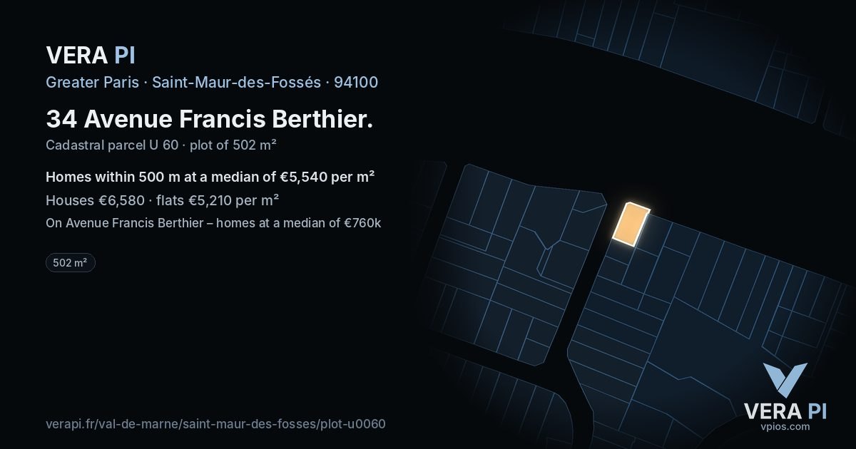 34 Avenue Francis Berthier, Saint-Maur-des-Fossés at night – the plot lit, the parcels around coloured by the prices near them