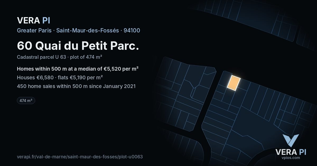 60 Quai du Petit Parc, Saint-Maur-des-Fossés at night – the plot lit, the parcels around coloured by the prices near them
