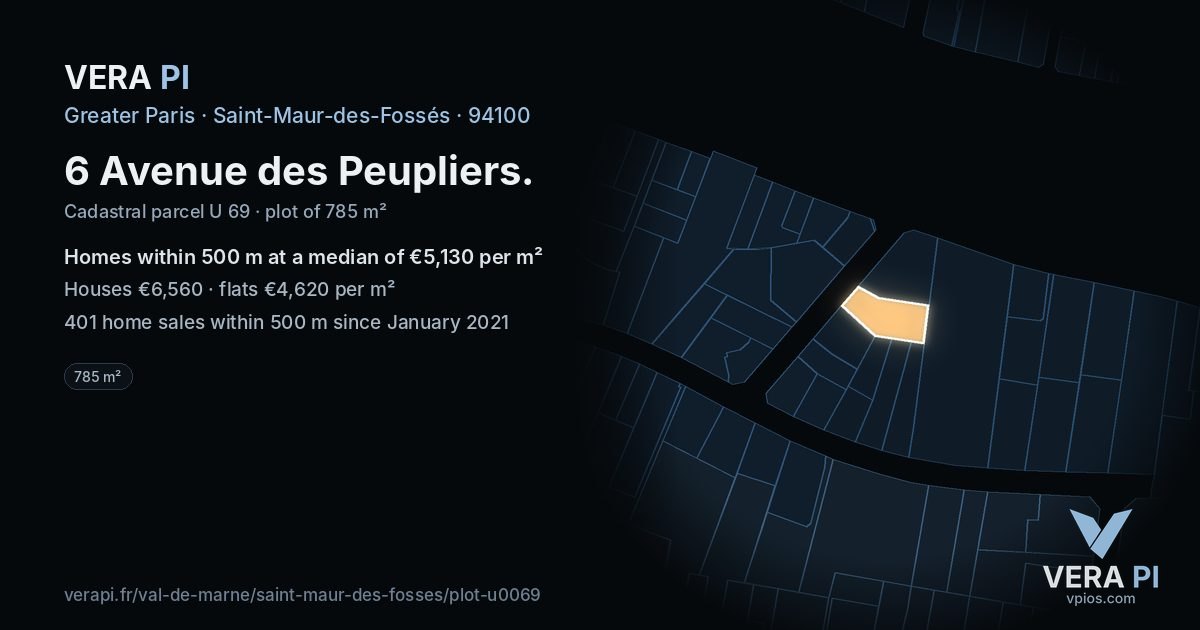 6 Avenue des Peupliers, Saint-Maur-des-Fossés at night – the plot lit, the parcels around coloured by the prices near them